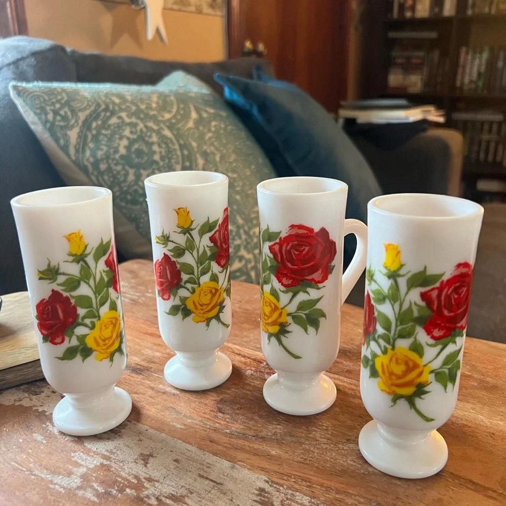 AVON Milk Glass Dutch Vintage Demitasse Espresso Mugs with Red & Yellow Roses